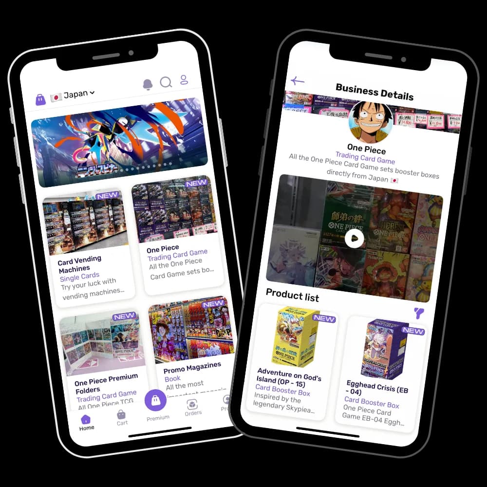 The Shoppywhere app: browsing One Piece shops in Japan and a list of booster boxes